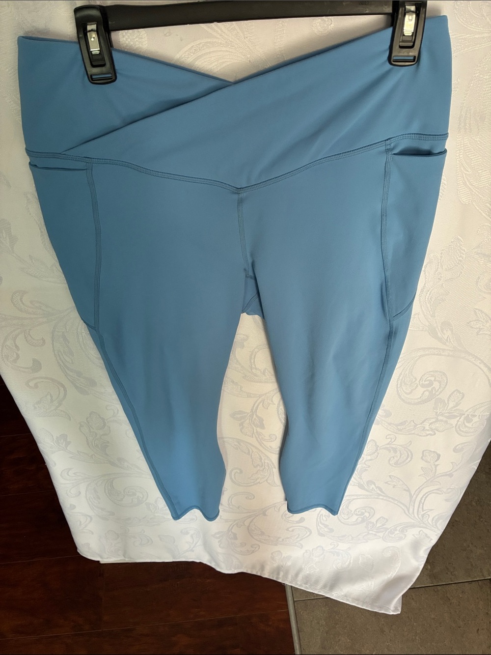 Fabletics High-Waist Capri Leggings in Dusty Blue